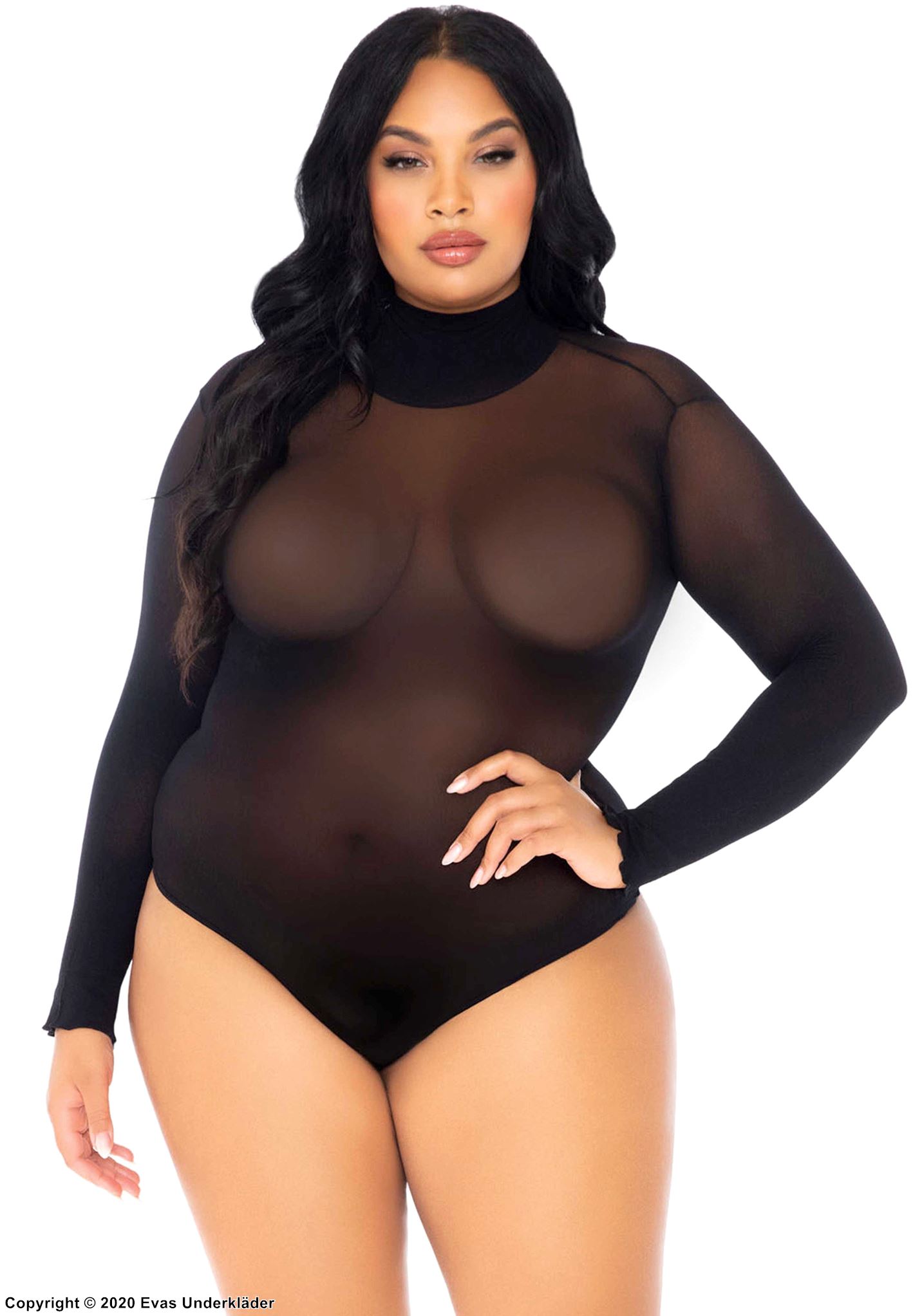 Romantic teddy, opaque fabric, long sleeves, turtle neck, plus size